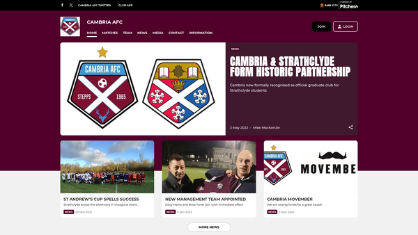Screenshot of the Cambria Amateur Football Club website