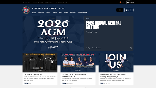 Screenshot of the Lismore Rugby Football Club website