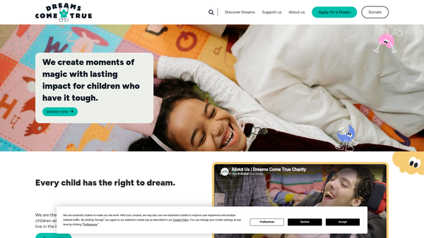 Screenshot of the Dreams Come True Charity website
