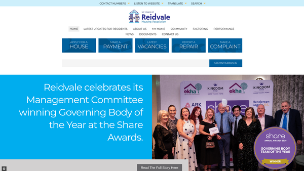 Screenshot of the Reidvale Housing Association website