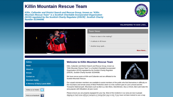 Screenshot of the Killin, Callander and District Search and Rescue Group website