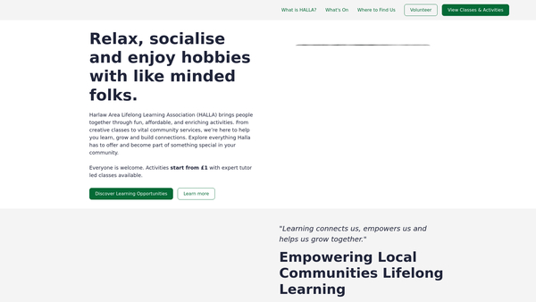 Screenshot of the Harlaw Area Lifelong Learning Association [SCIO] website