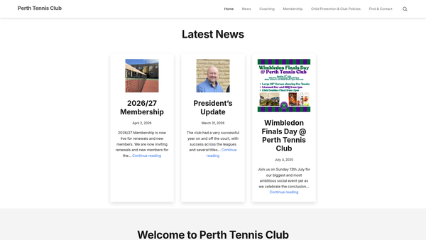 Screenshot of the Perth Tennis Club website