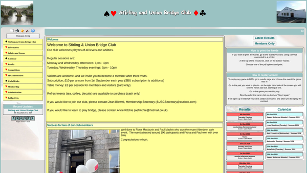 Screenshot of the Stirling and Union Bridge Club website