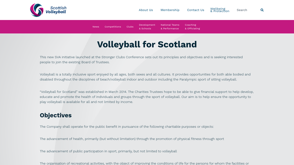 Screenshot of the Volleyball For Scotland website