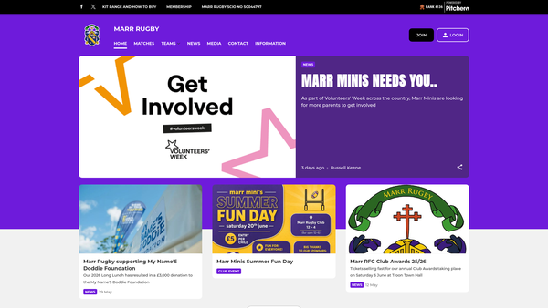 Screenshot of the Marr Rugby Football Club website