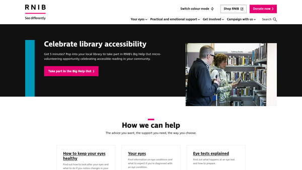 Screenshot of the RNIB Charity website