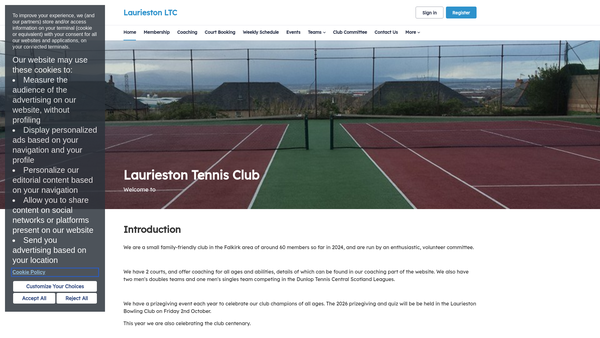 Screenshot of the Laurieston Tennis Club website