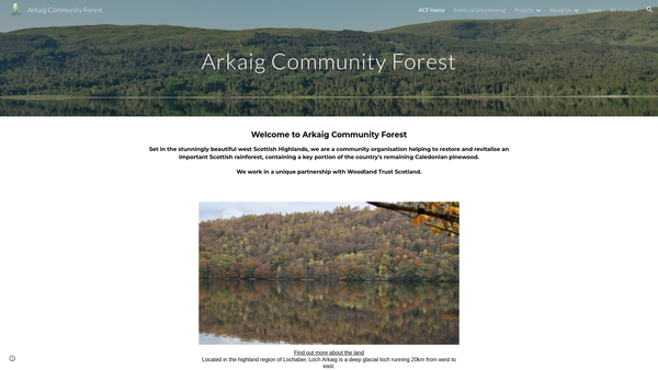 Screenshot of the Arkaig Community Forest website