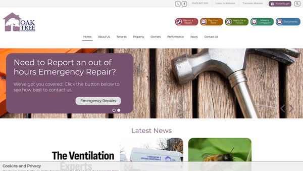 Screenshot of the Oak Tree Housing Association Limited website