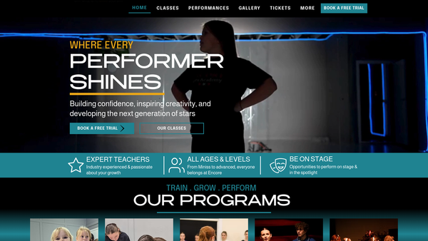 Screenshot of the Encore Stars Academy website