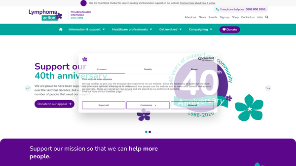 Screenshot of the Lymphoma Action website