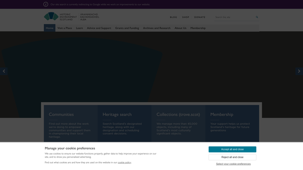 Screenshot of the Historic Environment Scotland website