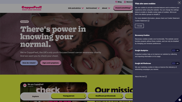 Screenshot of the CoppaFeel website