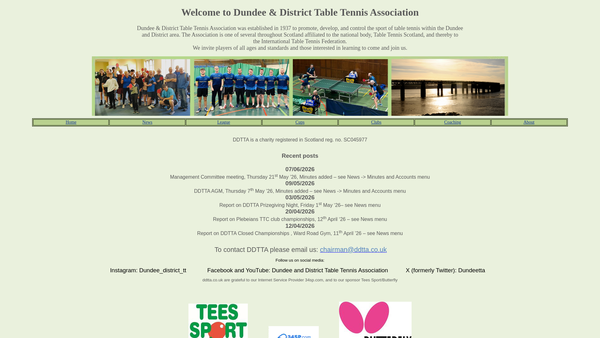 Screenshot of the Dundee and District Table Tennis Association website