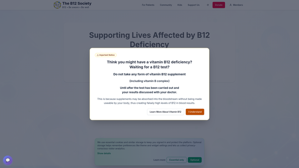 Screenshot of the The B12 Society website