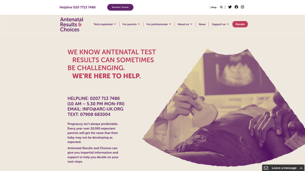 Screenshot of the Antenatal Results & Choices (ARC) Limited website