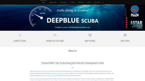 Screenshot of the Deep Blue Scuba Dive Club website