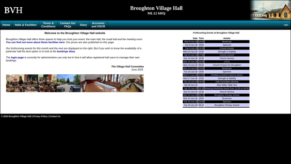 Screenshot of the Broughton Village Hall website