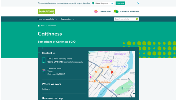 Screenshot of the Samaritans of Caithness SCIO website