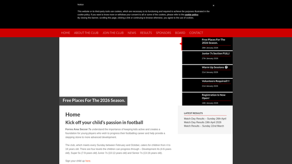 Screenshot of the Forres Area Soccer 7's website