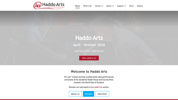 Screenshot of the Haddo Arts website