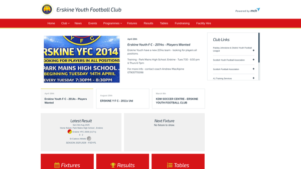 Screenshot of the Erskine Youth Football Club website