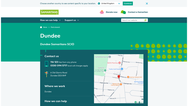 Screenshot of the Dundee Samaritans SCIO website