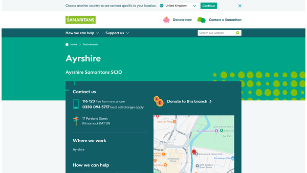 Screenshot of the Ayrshire Samaritans SCIO website