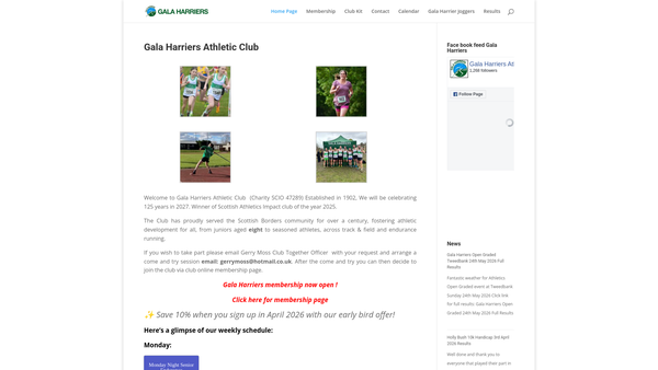 Screenshot of the Gala Harriers Athletic Club website