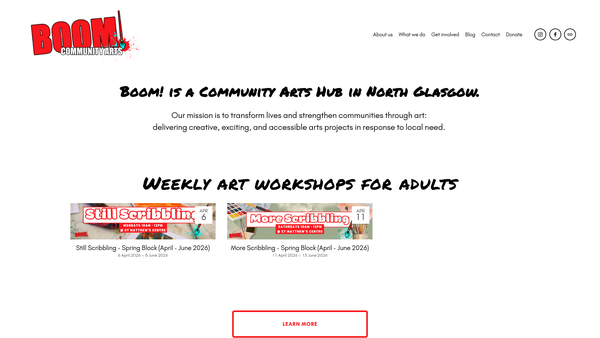 Screenshot of the BOOM! Community Arts website