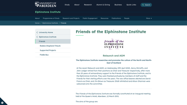 Screenshot of the Friends of the Elphinstone Institute website