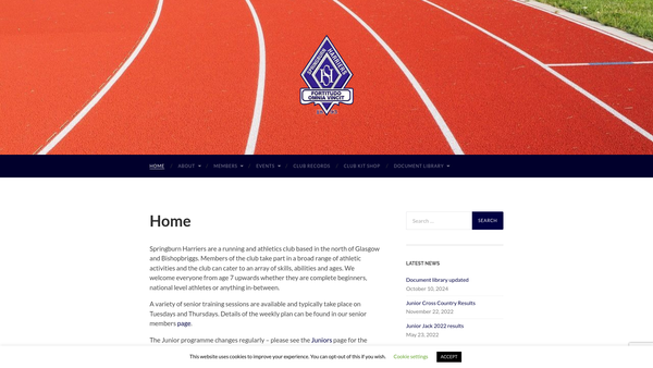Screenshot of the Springburn Harriers Running and Athletics Club website