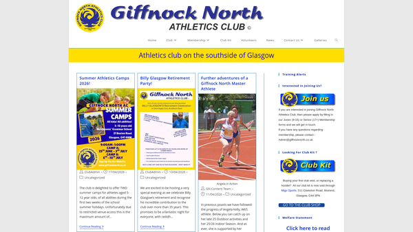 Screenshot of the Giffnock North Athletics Club website