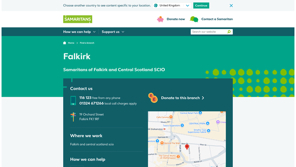 Screenshot of the Samaritans of Falkirk and Central Scotland SCIO website