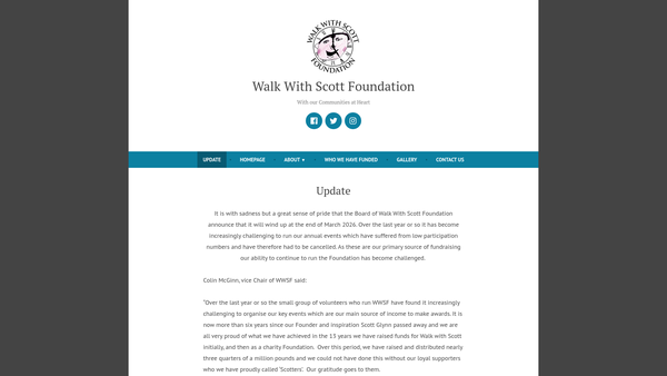 Screenshot of the Walk With Scott Foundation website