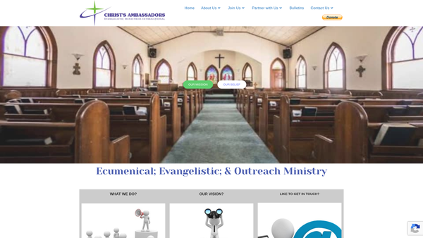 Screenshot of the CHRIST'S AMBASSADORS Evangelistic Ministries International website