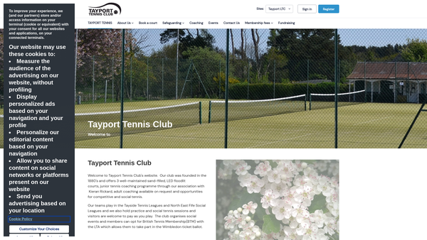 Screenshot of the Tayport Tennis Club website