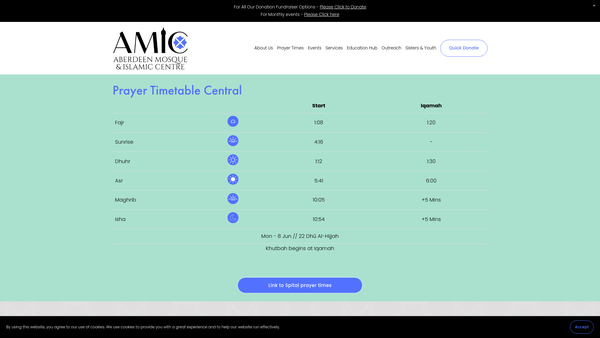 Screenshot of the Aberdeen Mosque and Islamic Centre SCIO website
