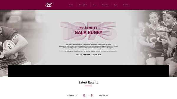 Screenshot of the Gala Rugby website