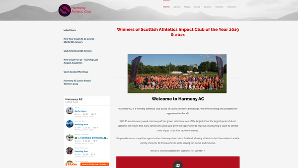 Screenshot of the Harmeny Athletic Club website