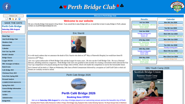 Screenshot of the Perth Bridge Club website