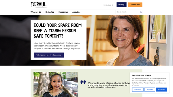 Screenshot of the Depaul UK website