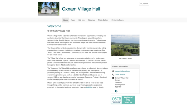 Screenshot of the Oxnam Village Hall SCIO website