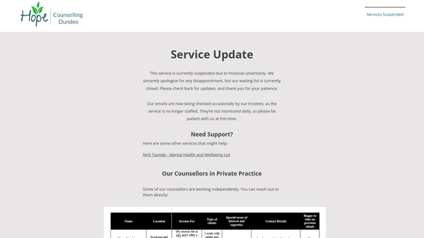 Screenshot of the Hope Counselling Dundee website