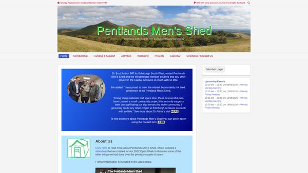 Screenshot of the Pentlands Men's Shed website