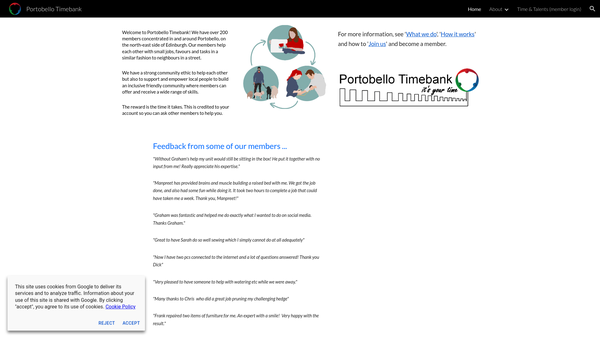 Screenshot of the Portobello Timebank (SCIO) website