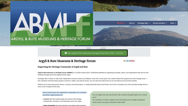 Screenshot of the Argyll & Bute Museums and Heritage Forum (SCIO) website