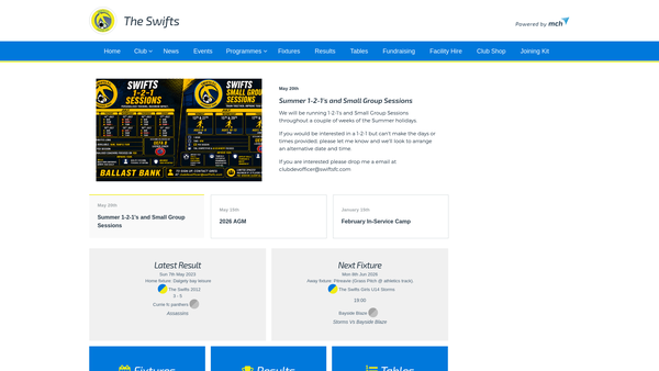Screenshot of the Inverkeithing Hillfield Swifts Community Club website