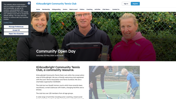 Screenshot of the Kirkcudbright Community Tennis Club website